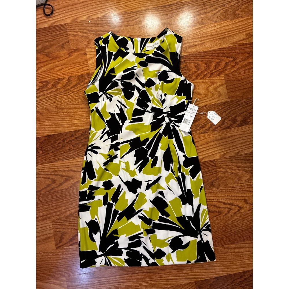 Ronni Nicole Sleeveless Sheath Dress Abstract Floral Ruched 8P Lime Black White